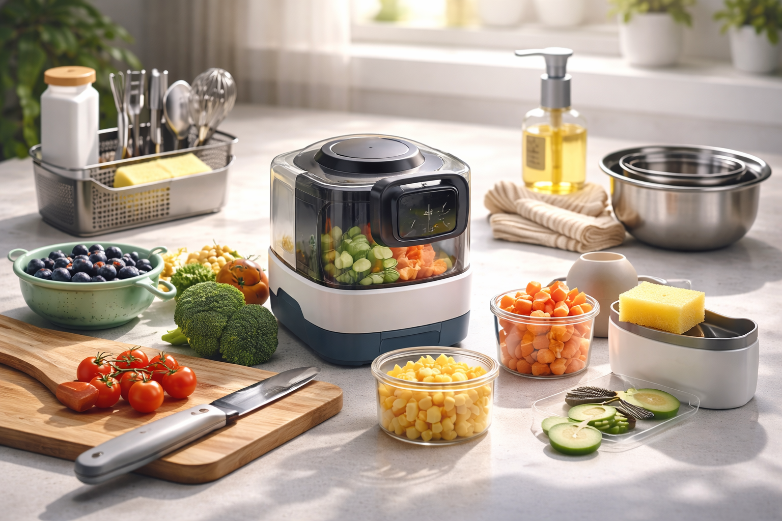 Modern kitchen tools and vegetable preparation accessories arranged on clean countertop