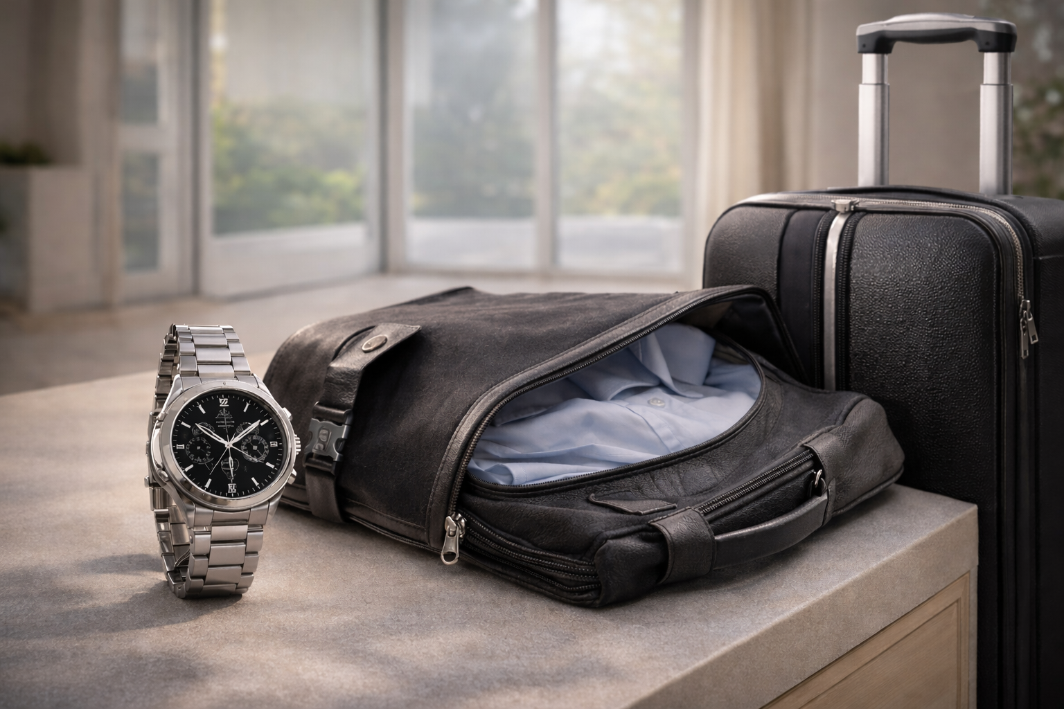 Fashion and travel accessories including luggage leather bag and wristwatch displayed in a modern travel setting