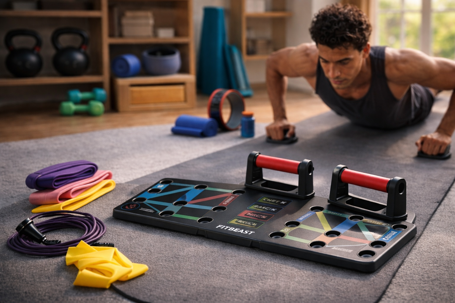 Fitness and wellness essentials including home workout equipment used in a natural indoor gym setting