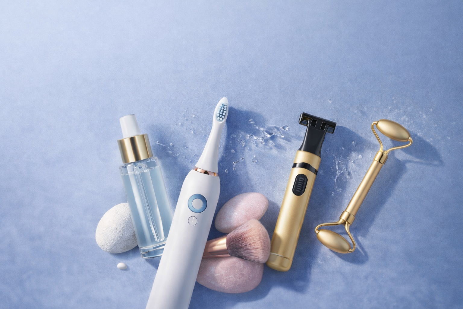 Beauty and self care essentials including skincare tools and personal care gadgets arranged in a clean lifestyle setting