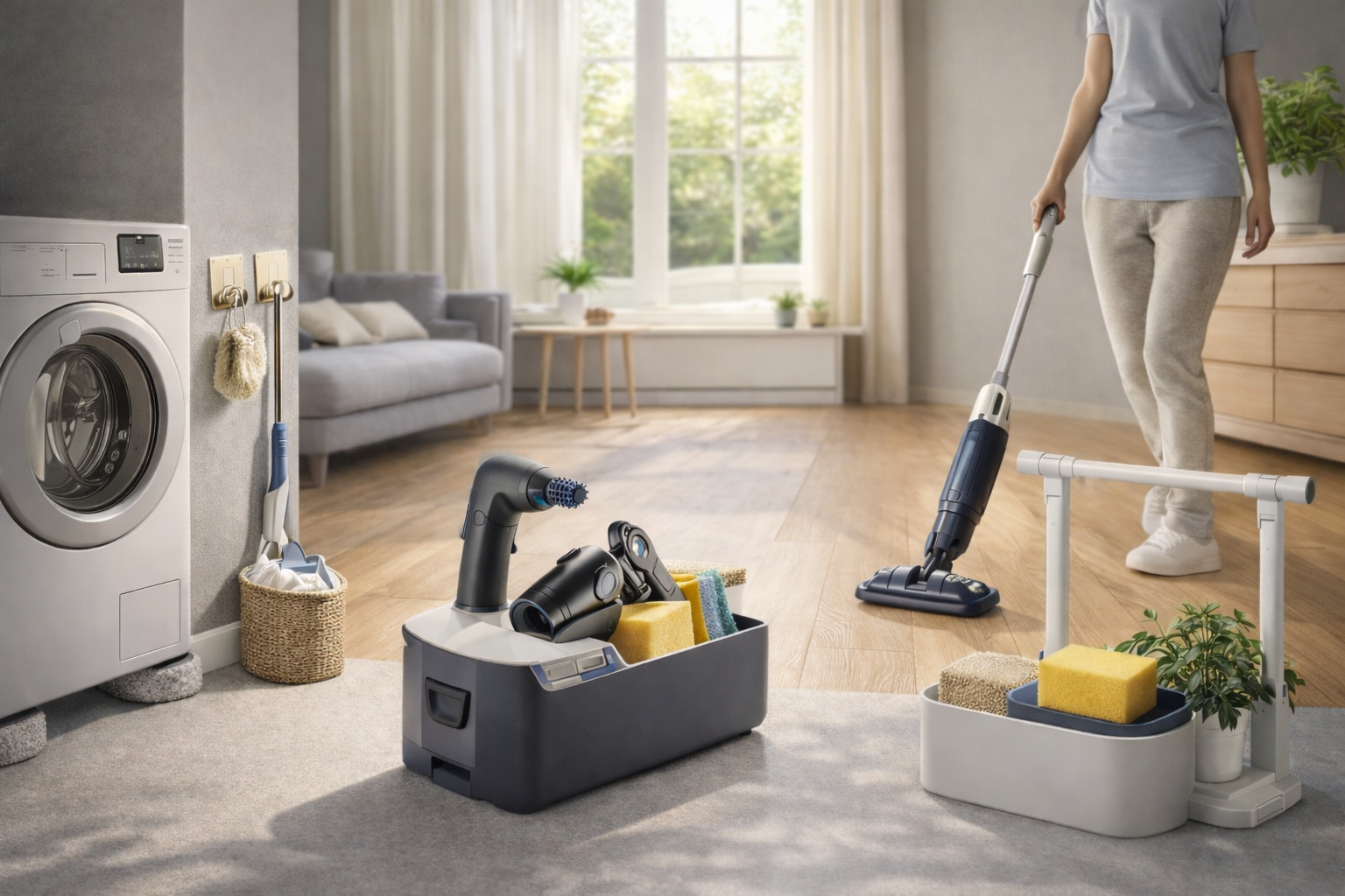 Smart home utility and cleaning tools in a modern living room environment showing daily home maintenance