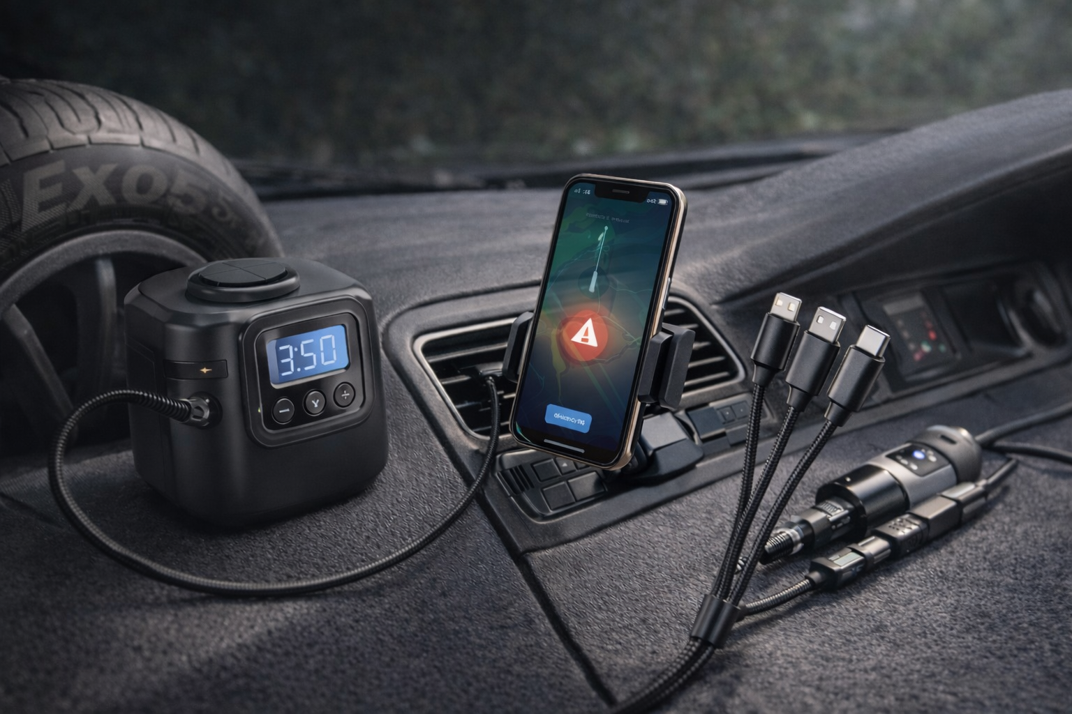 Car and smart tech accessories including charging cables phone mount and portable car gadgets inside vehicle