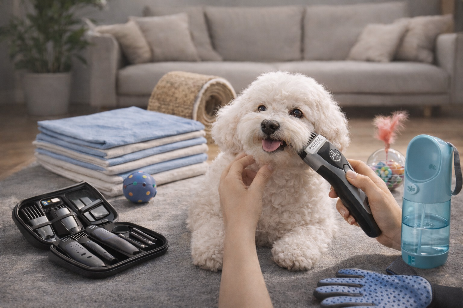 Everyday pet care essentials including dog grooming tools used at home in a calm lifestyle environment