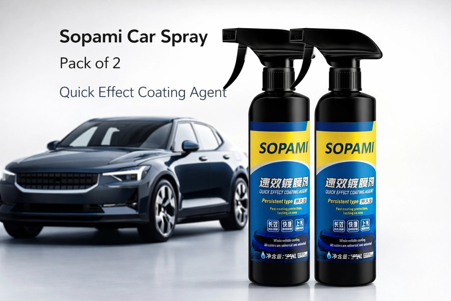 Two black spray bottles of SOPAMI car coating spray pack of 2 with a dark blue shiny car in the background