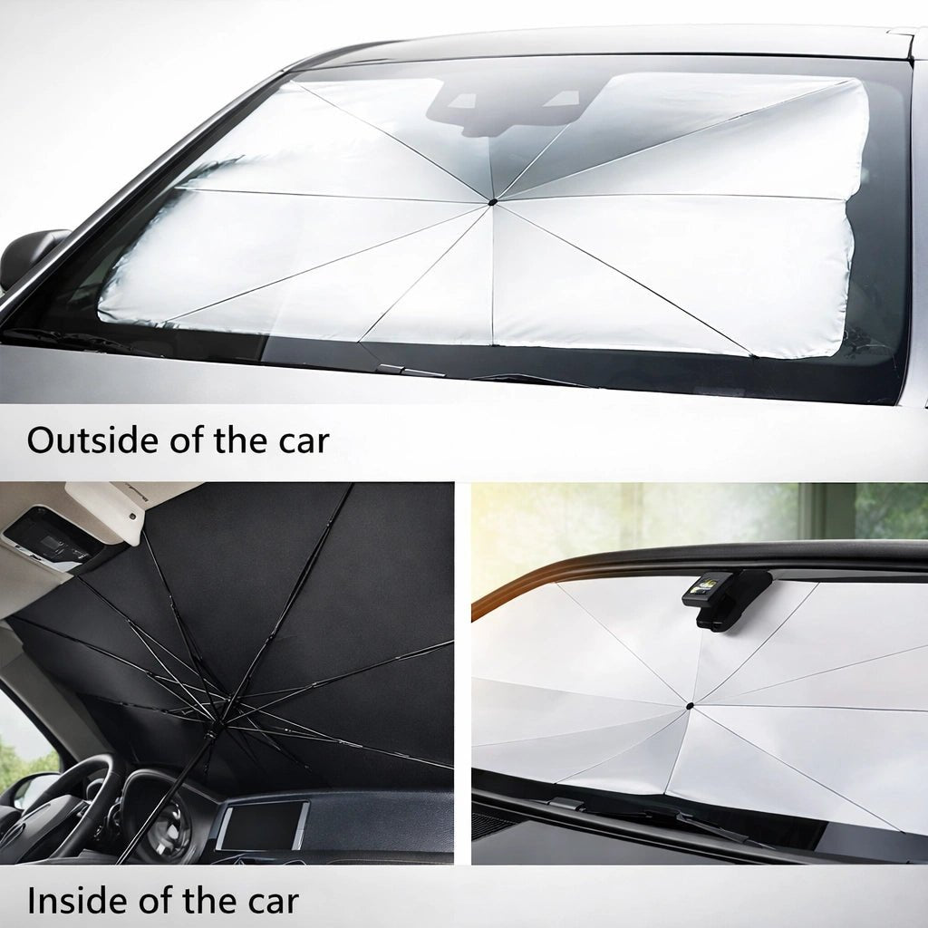 Car windshield sunshade umbrella with reflective surface blocking sunlight and heat from inside and outside views.