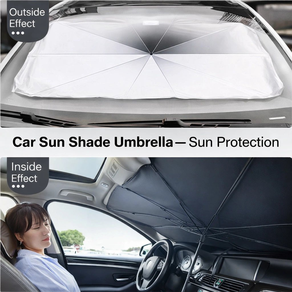 White umbrella-style sunshade unfolded inside car windshield to block sunlight and reduce interior heat.