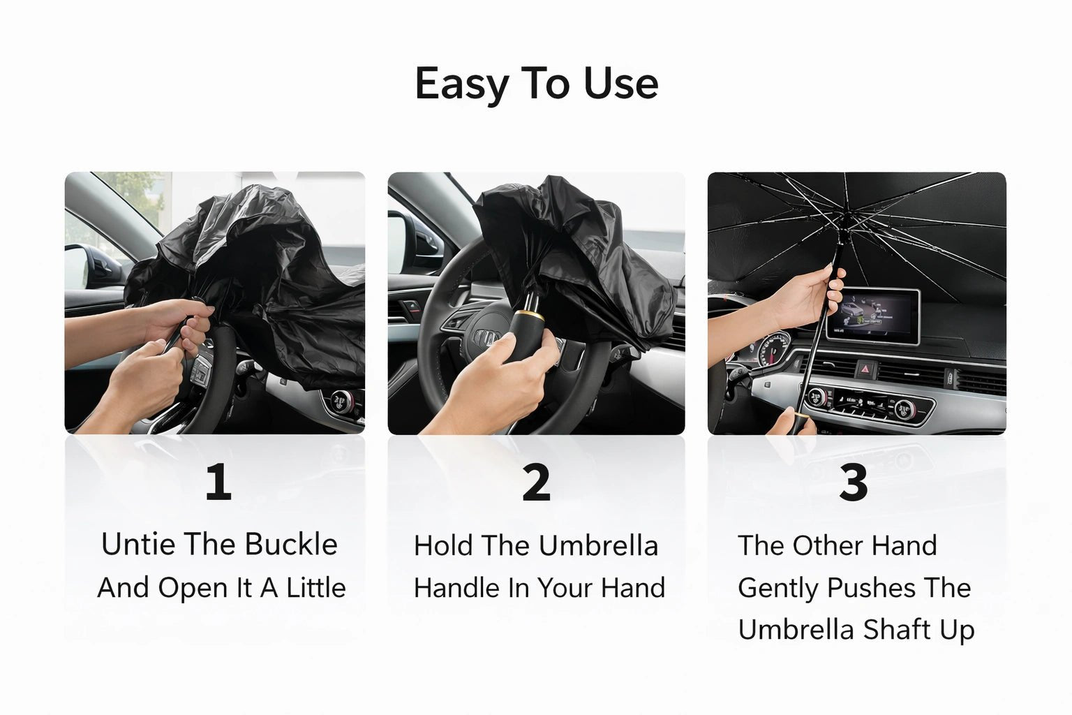Step-by-step demonstration of using umbrella-style car sunshade to block sunlight and heat from inside the vehicle