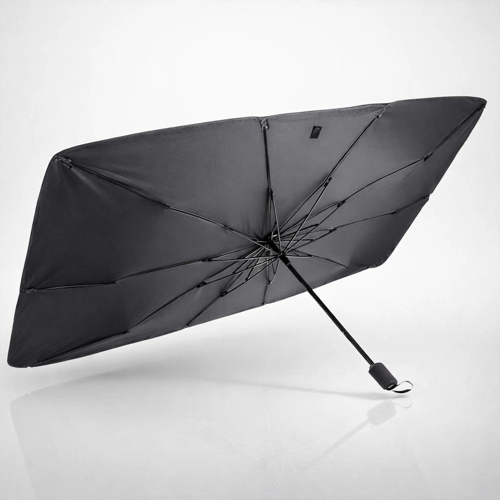 Black umbrella-style car windshield sun shade designed to block heat and protect dashboard from sunlight glare.