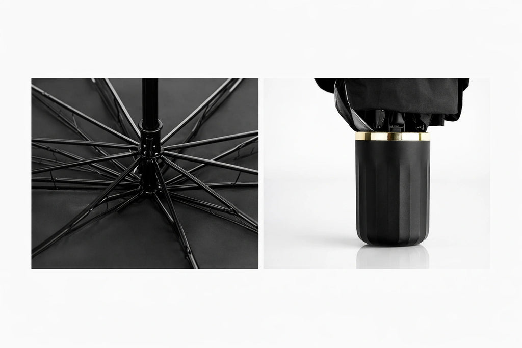 Close-up view of black umbrella ribs and handle of a foldable car windshield sun-shade umbrella accessory.