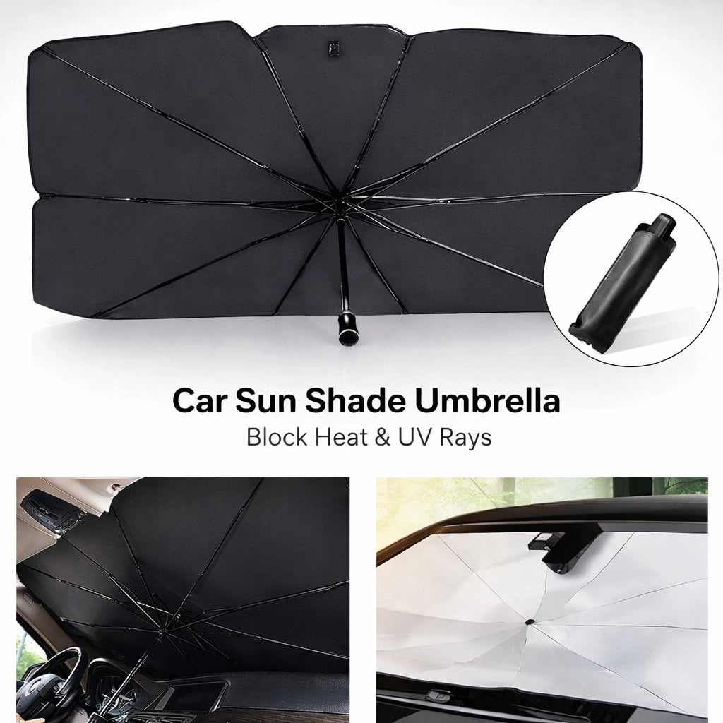 Black foldable umbrella sunshade designed to block UV rays and keep car interior cool when parked in sunlight.