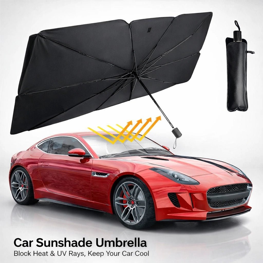 Foldable umbrella-style car sunshade blocking UV rays to keep vehicle interior cool and protected from heat.