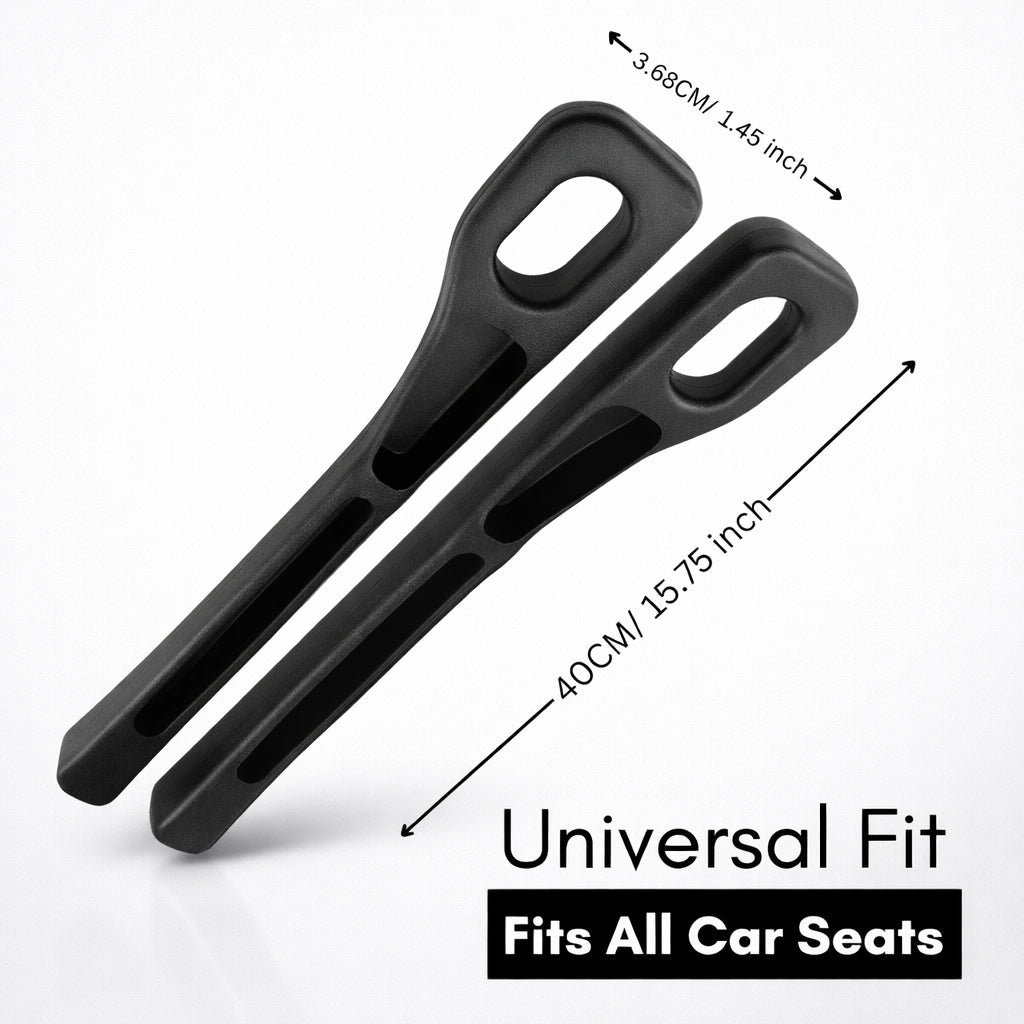 Pair of black car seat gap fillers with dimensions and text highlighting universal fit for all car seats