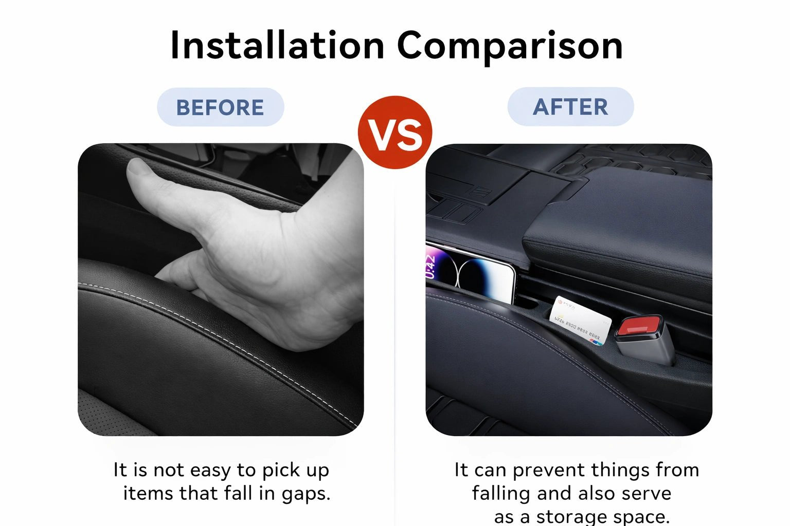 Side-by-side view showing difficulty picking up items without and with car seat gap filler installed for extra storage.