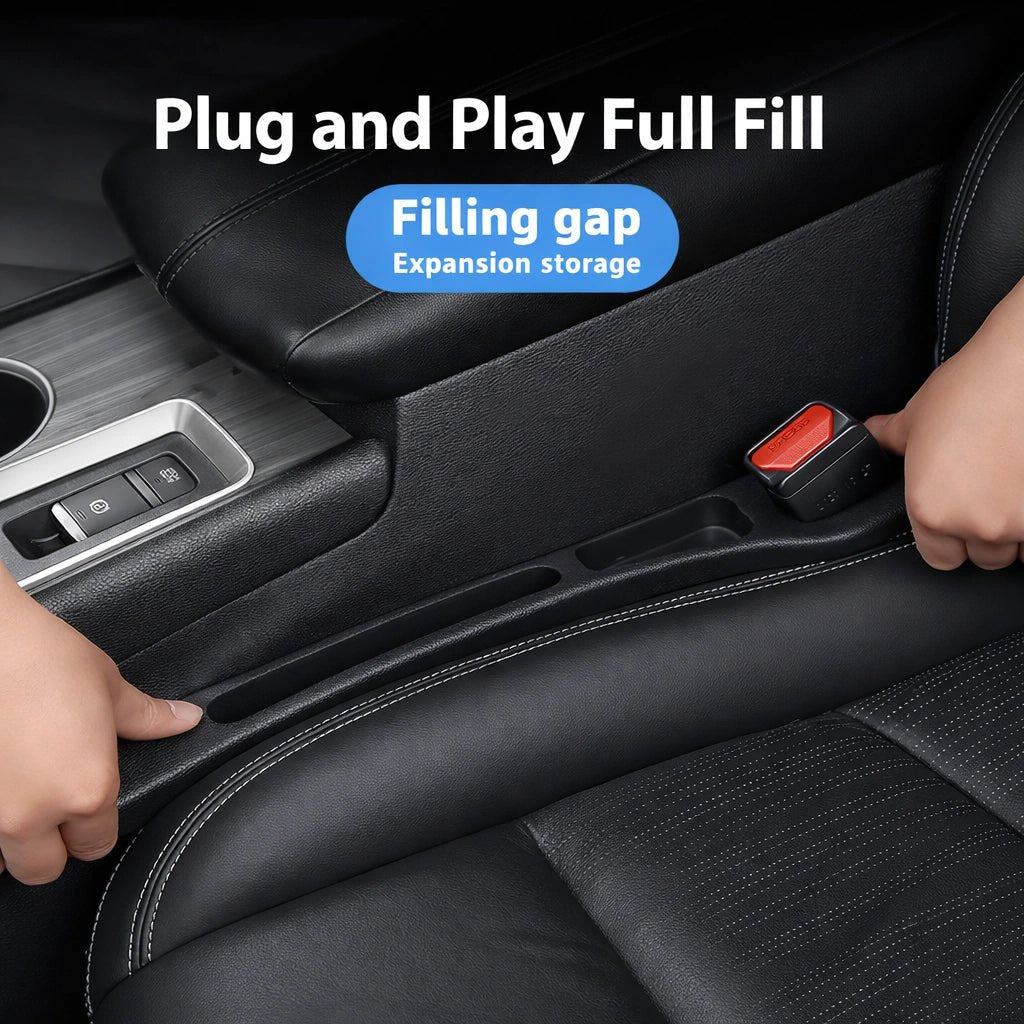 Hands installing black car seat gap filler to block gap and add extra storage space beside the car seat and console