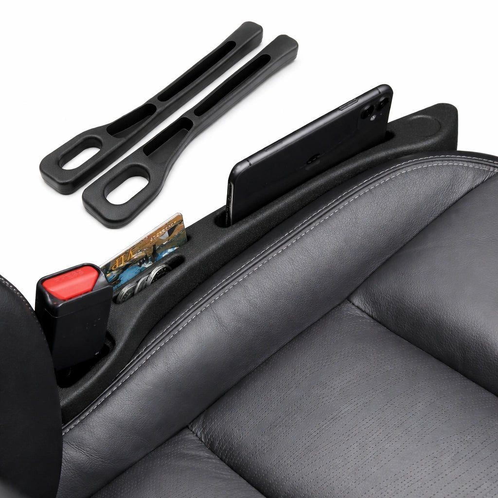 Black car seat gap filler organizer holding phone, cards, and keys to prevent items falling between seat and console edges