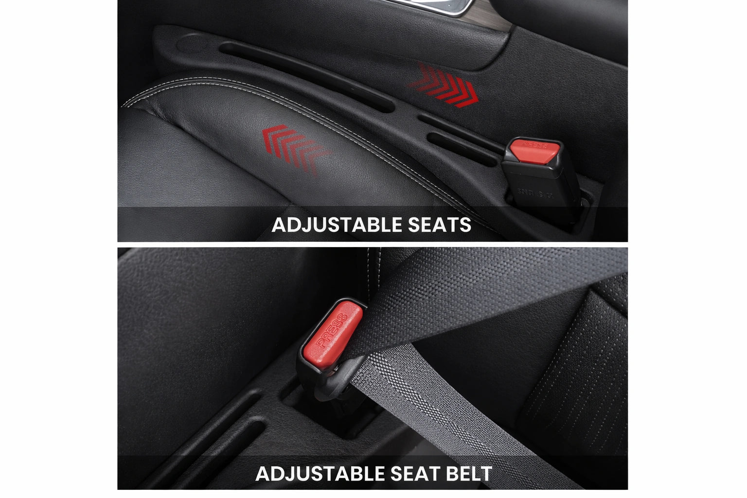Close-up views showing adjustable car seat and seat belt mechanisms with red release buttons on black interior.