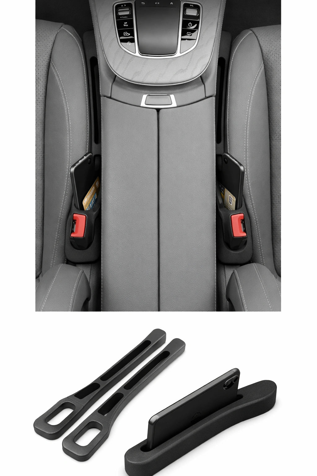 Car seat gap filler installed between seat and console holding cards and phone to stop items dropping and provide storage.