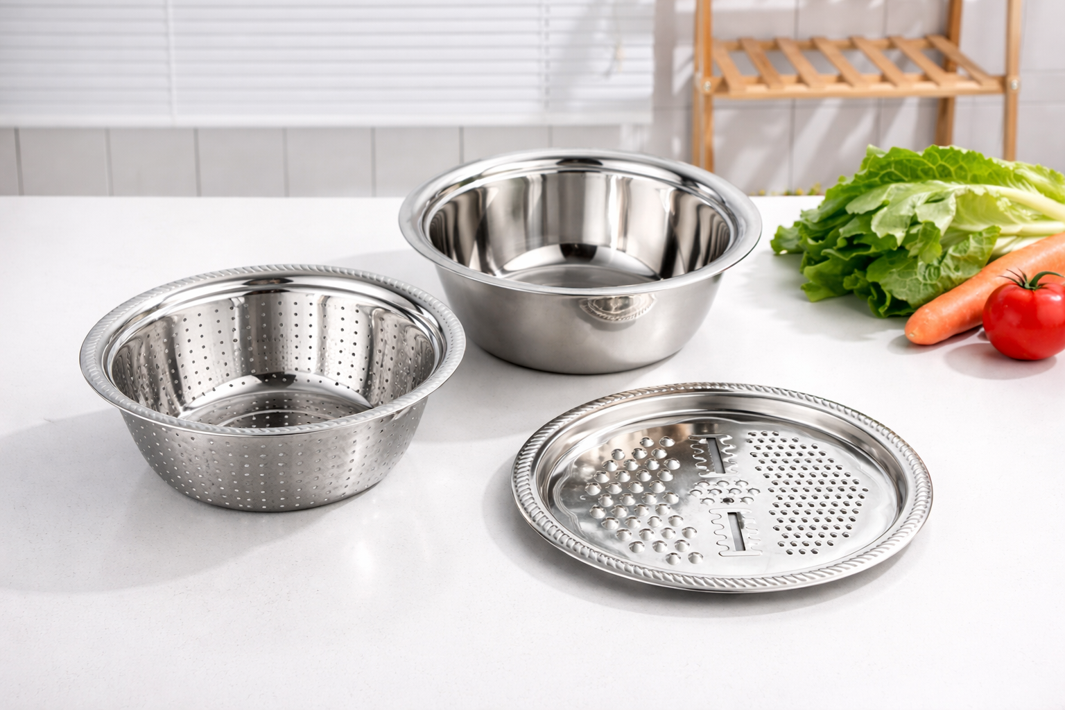 3-IN-1 MULTI-FUNCTIONAL GRATER BASIN WITH STAINLESS STEEL COLANDER