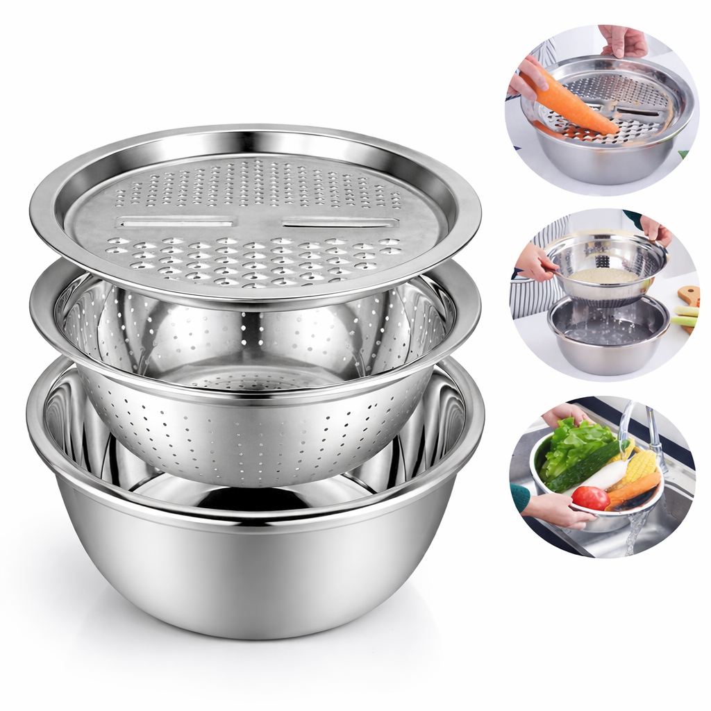 3-IN-1 MULTI-FUNCTIONAL GRATER BASIN WITH STAINLESS STEEL COLANDER