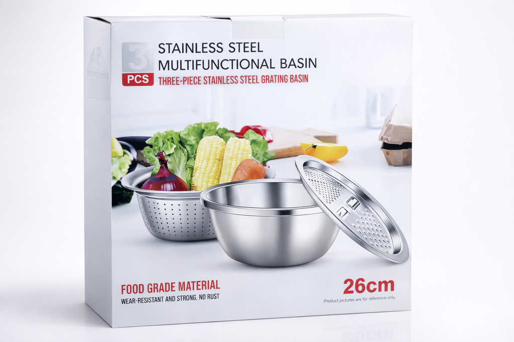 3-IN-1 MULTI-FUNCTIONAL GRATER BASIN WITH STAINLESS STEEL COLANDER
