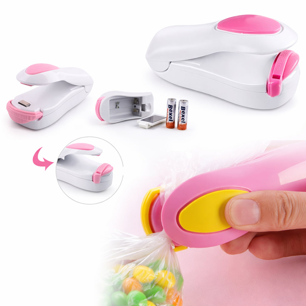 The PORTABLE MINI SEALING MACHINE, in pink and white, is shown from multiple angles with batteries inserted as it seals a clear plastic bag of colorful candy.