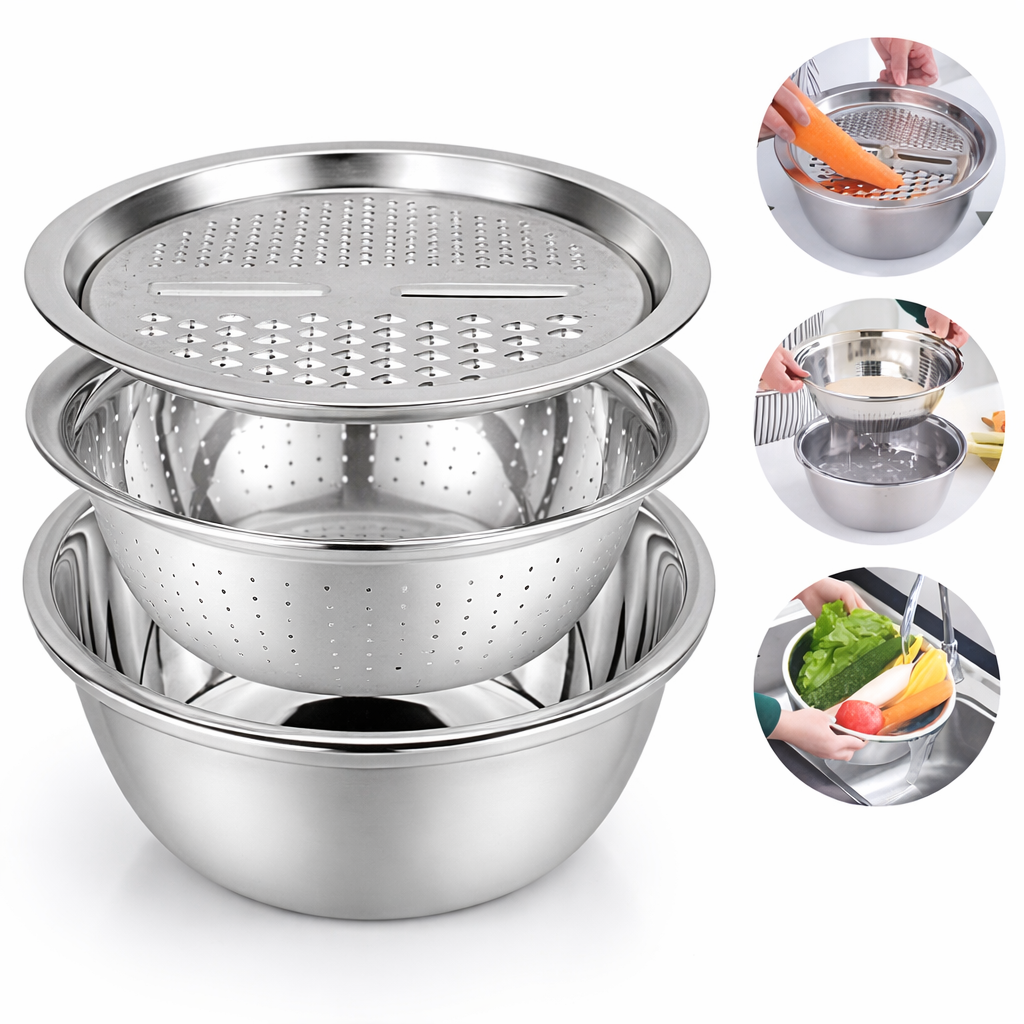 3-IN-1 MULTI-FUNCTIONAL GRATER BASIN WITH STAINLESS STEEL COLANDER