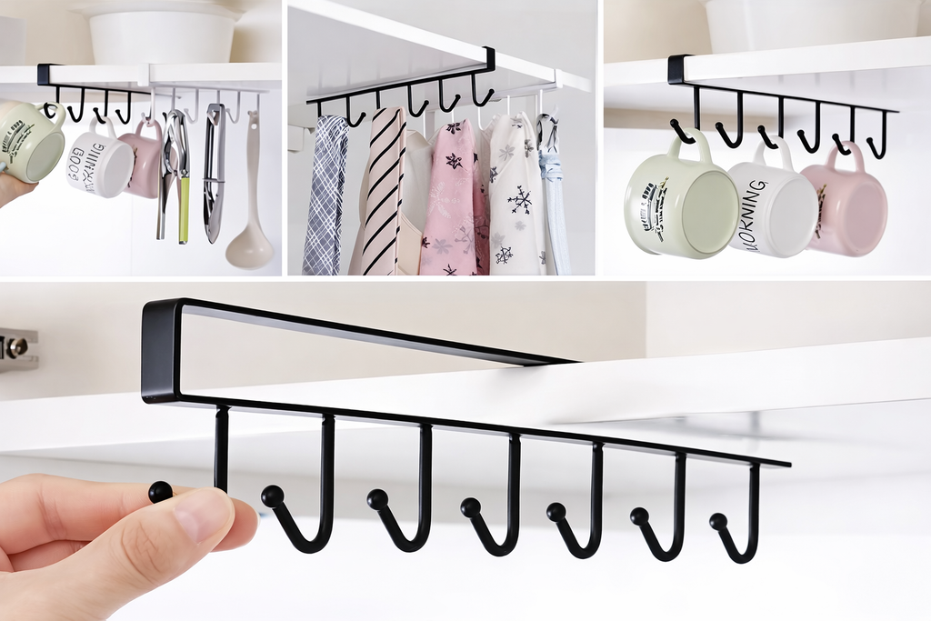UNDER CABINET MUG & WINE GLASS STORAGE HOOK RACK