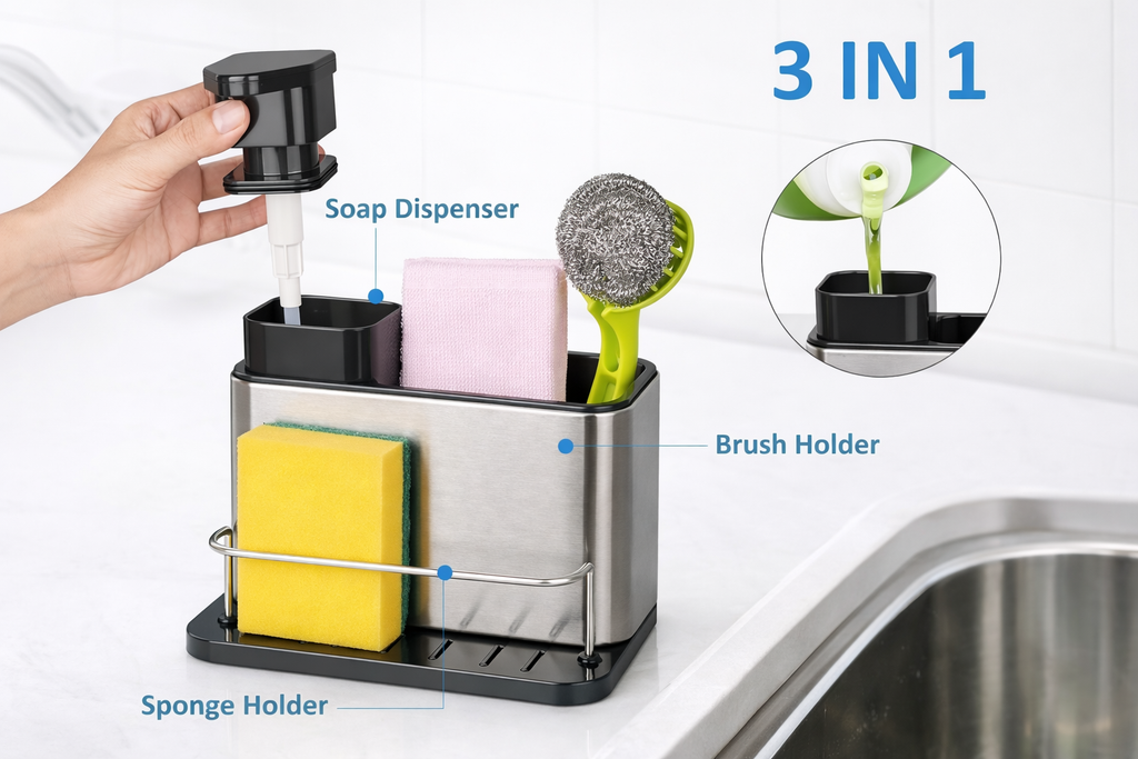 3-IN-1 KITCHEN SINK CADDY STAND FOR DISHWASHING ESSENTIALS