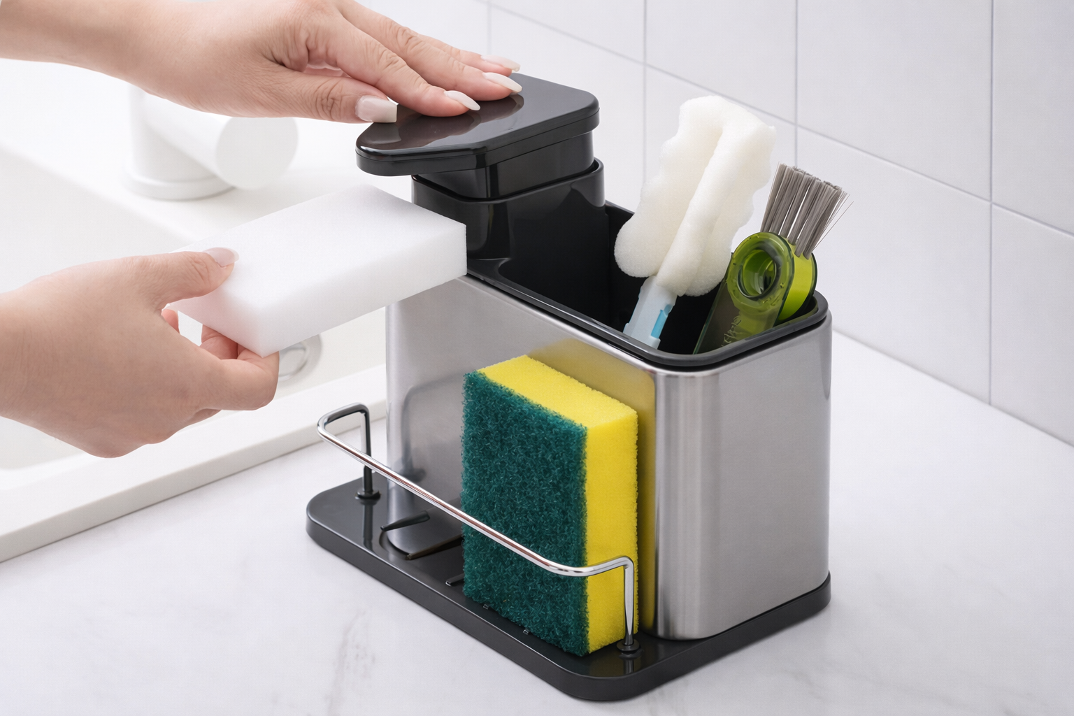 3-IN-1 KITCHEN SINK CADDY STAND FOR DISHWASHING ESSENTIALS