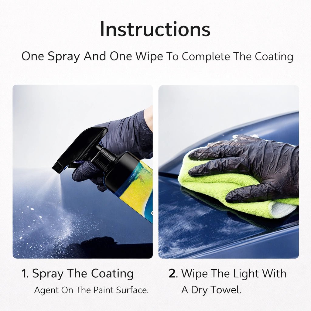 Applying SOPAMI car coating spray on blue car surface then wiping with microfiber cloth for shine restoration