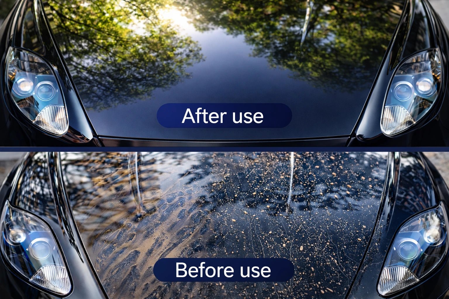 Glossy black car hood after applying SOPAMI car coating spray compared to dirty, water-spotted surface before use