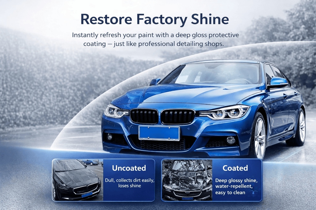 Blue sedan with water-repellent protective coating showing glossy shine compared to dull uncoated surface