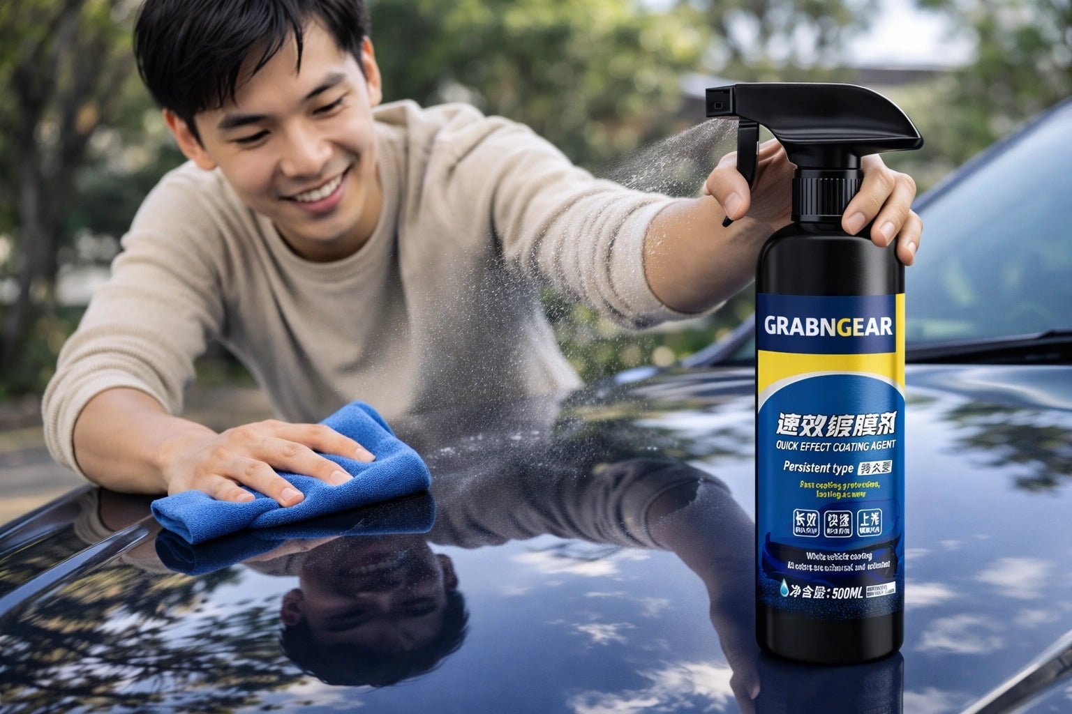 Man using microfiber cloth and spray bottle to apply car coating on glossy black car hood outdoors
