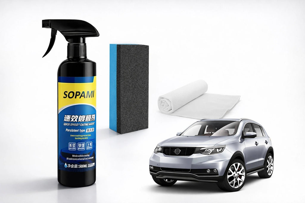 SOPAMI car coating spray bottle with applicator sponge, microfiber cloth, and a silver SUV model on white background