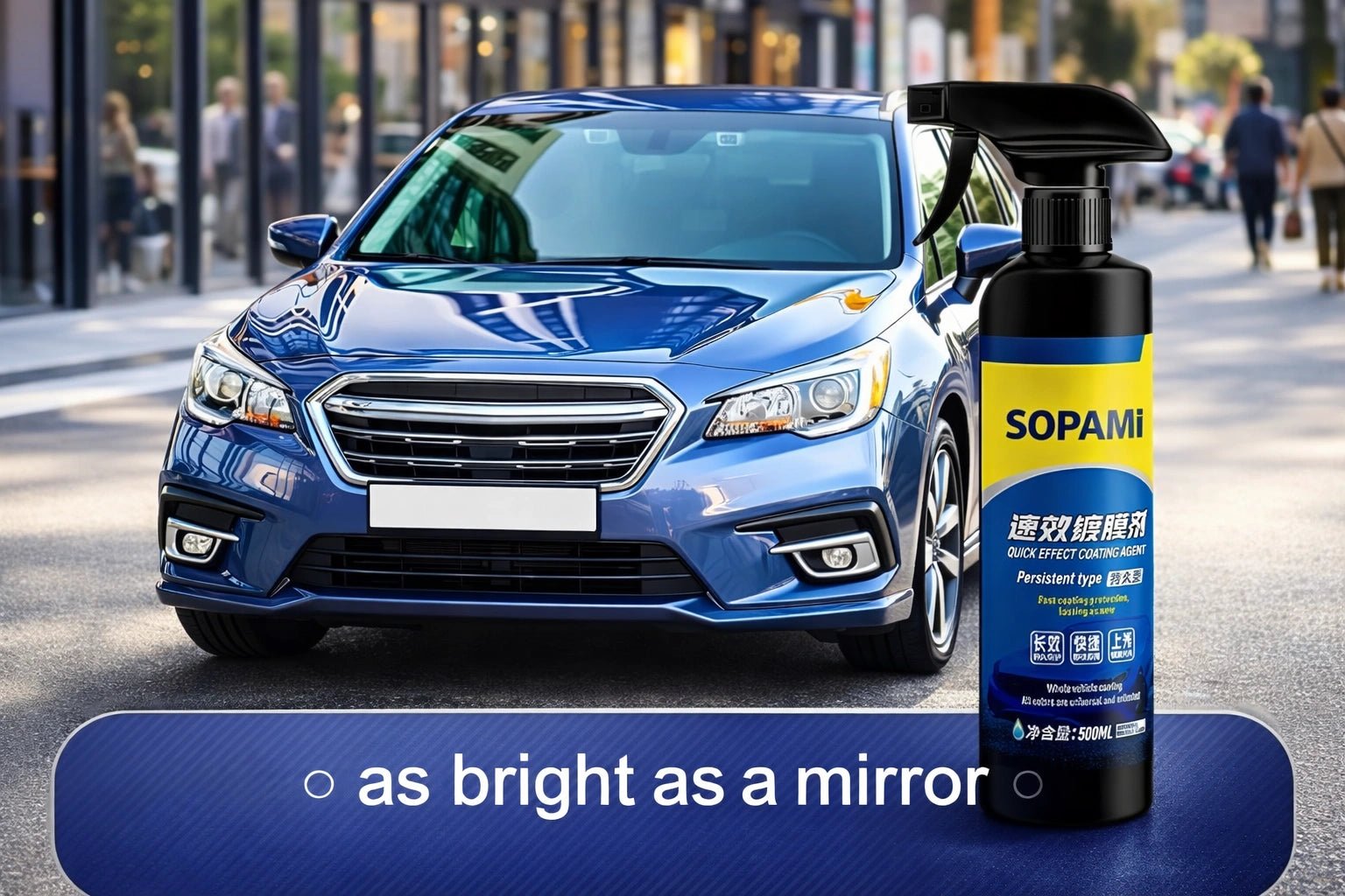 Black and yellow SOPAMI car coating spray bottle beside glossy blue sedan reflecting surrounding buildings on city street