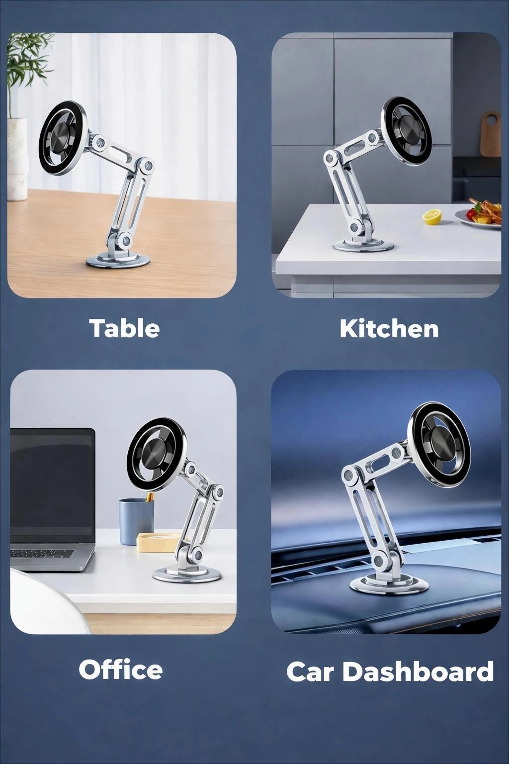 Adjustable universal phone holder with multi-joint arm and strong base for versatile use on tables, kitchens, offices, and car dashboards