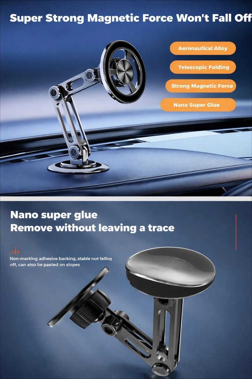 Aeronautical alloy phone holder with telescopic arm, strong magnetic grip, and nano glue base for secure and trace-free mounting
