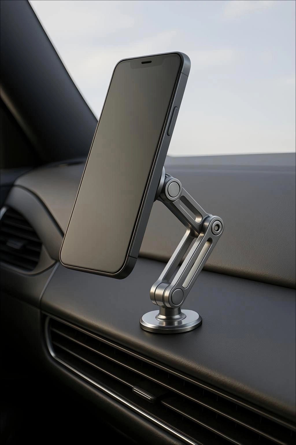 Sturdy metal phone holder with adjustable arm and 360-degree rotation securely mounted on a car dashboard surface