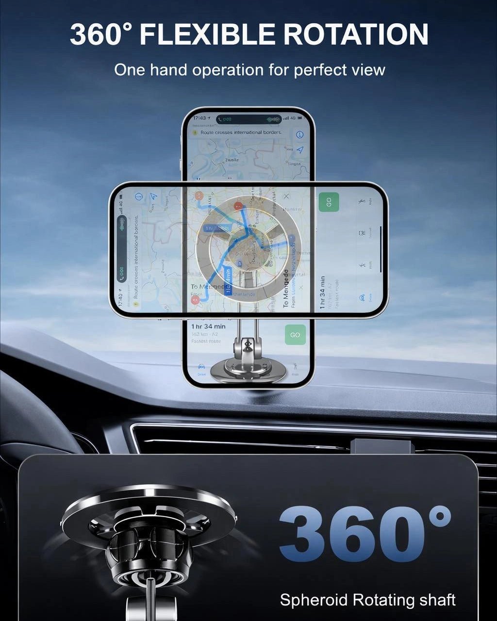 Car dashboard phone holder with 360-degree flexible rotation and spheroid rotating shaft for easy one-hand adjustment