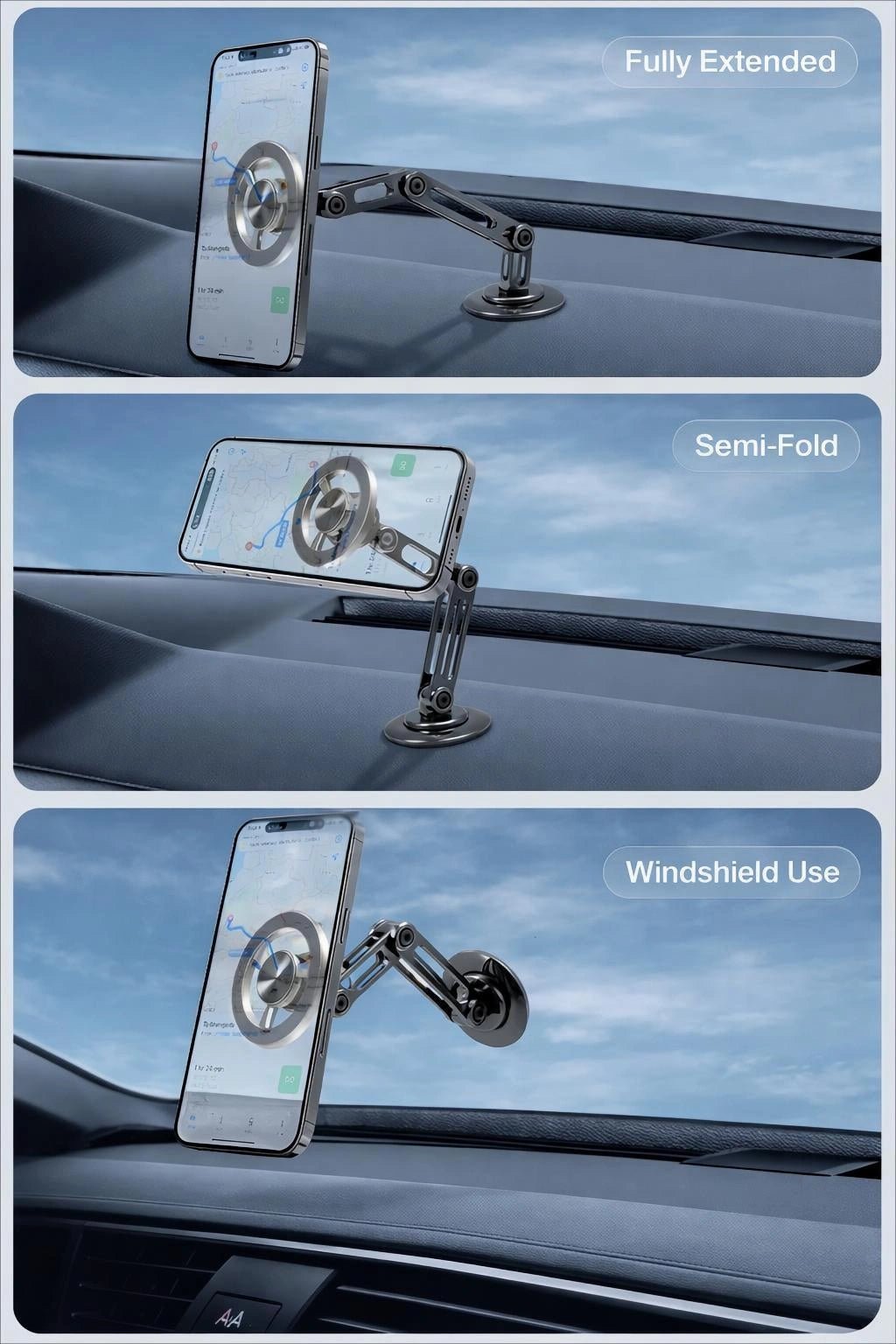 Multi-position universal phone holder with adjustable arm and strong suction cup for dashboard and windshield installation