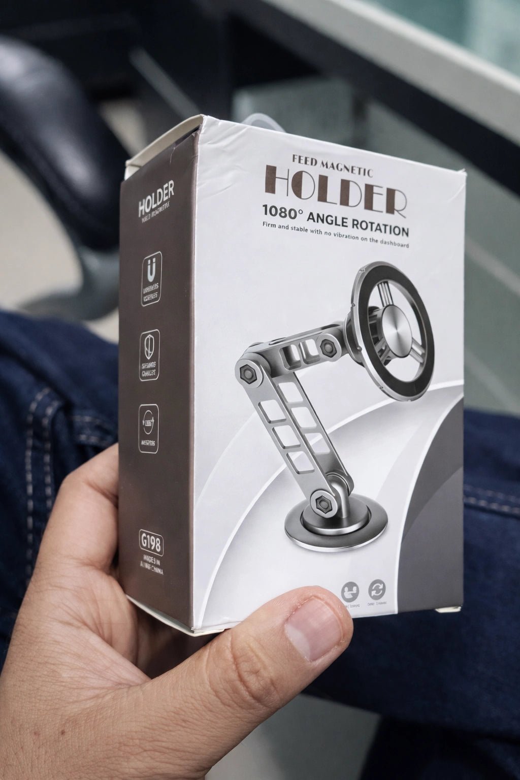 Compact magnetic phone holder with 1080° rotation, sturdy adjustable arm, and strong base for vibration-free dashboard mounting