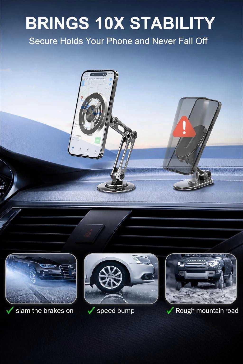 Car phone holder with adjustable arm and secure base providing enhanced stability on rough and bumpy roads