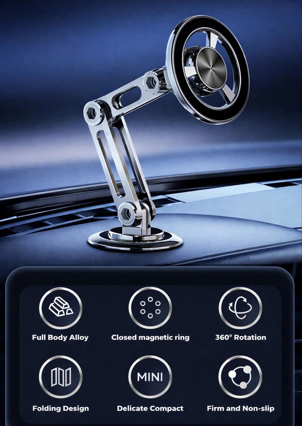 Metallic universal phone holder with adjustable arm, magnetic ring, and 360-degree swivel for versatile phone positioning