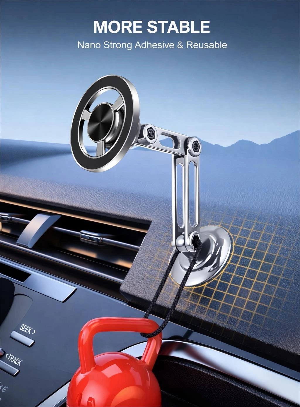 Heavy-duty universal phone holder with nano adhesive base and adjustable arm for durable, secure mounting in vehicles