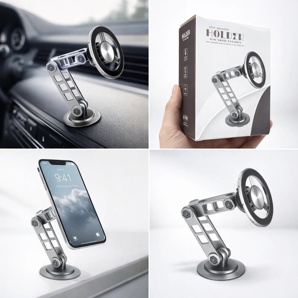 360-degree rotating universal phone holder with adjustable arm and magnetic base for secure hands-free mounting on flat surfaces.