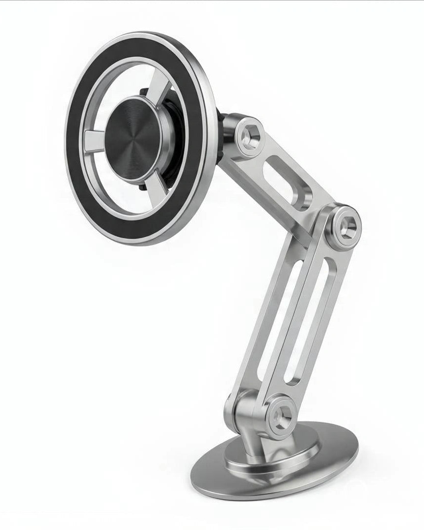 Sleek silver Universal 360° Rotating Phone Holder with adjustable arm and sturdy base for secure phone placement.