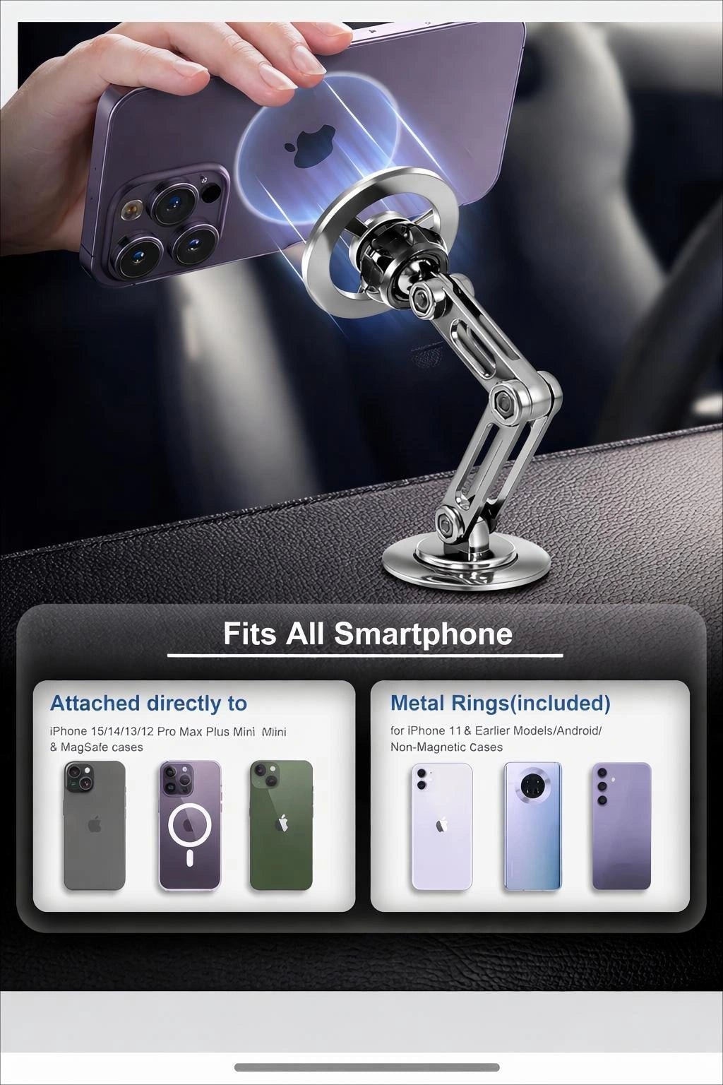 Magnetic phone holder with adjustable metal arm and secure base designed for all smartphone models and cases
