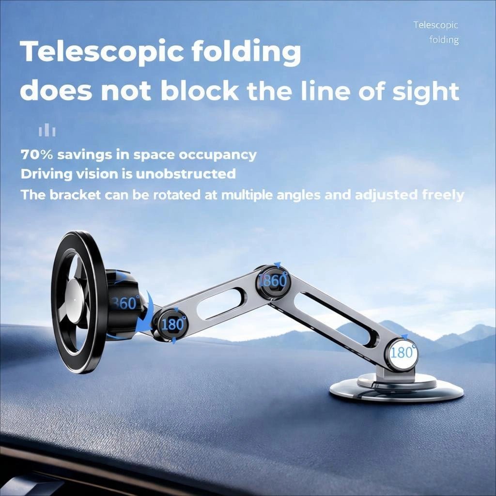 Telescopic folding phone holder with multi-angle rotation and adjustable bracket for clear driving visibility and space saving.