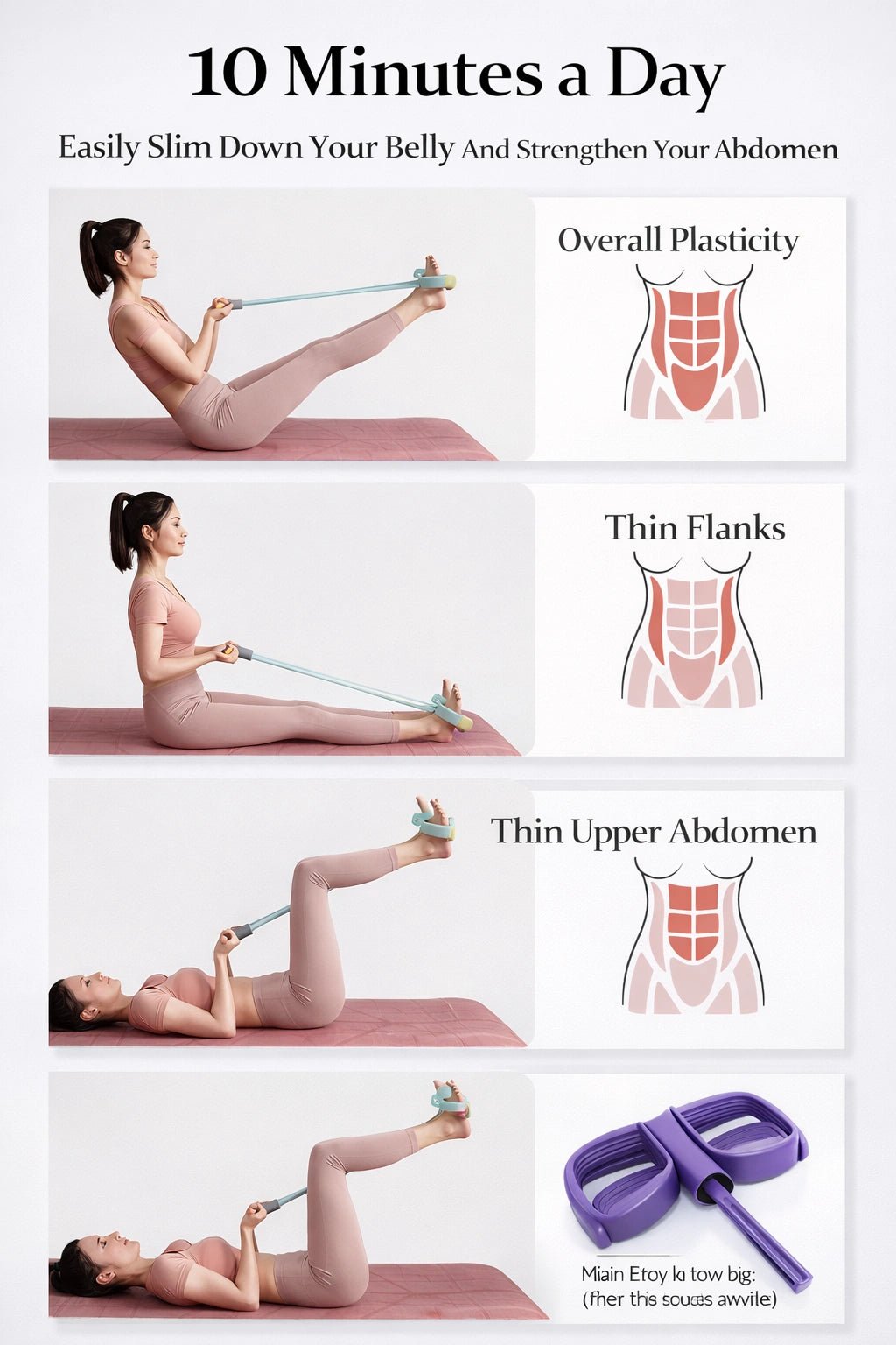 Woman performing abdominal exercises with blue yoga pedal resistance band to tone core and slim waist at home