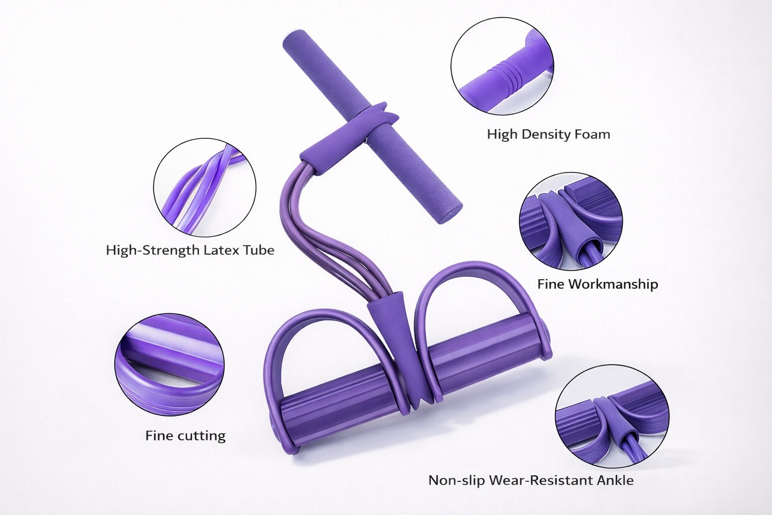 Purple yoga pedal resistance band with high-density foam handles, durable latex tubes, and non-slip wear-resistant pedals.